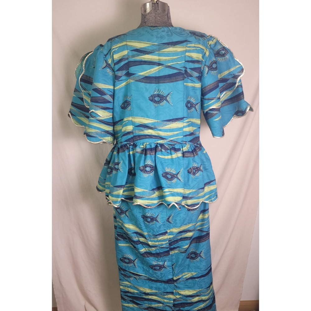 Vintage 50s 60s‎ Tropical Fish Print Set Skirt Blouse Jacket Blue Funky Volup XL - Picture 6 of 16